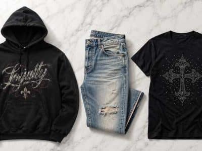 Stussy, Amiri, and Mixed Emotion: The Streetwear Brands That Actually Deserve Your Closet Space 3 Stussy hoodie, Amiri denim, and Mixed Emotion rhinestone tee laid flat on a clean white surface