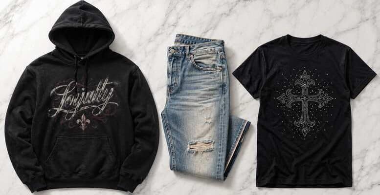 Stussy, Amiri, and Mixed Emotion: The Streetwear Brands That Actually Deserve Your Closet Space 1 Stussy hoodie, Amiri denim, and Mixed Emotion rhinestone tee laid flat on a clean white surface